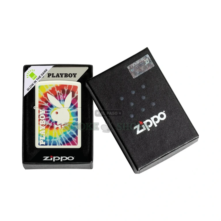 Zippo Playboy tie-dye Rabbit Head glow-in-the-dark green lighter, model 48373, closed front view