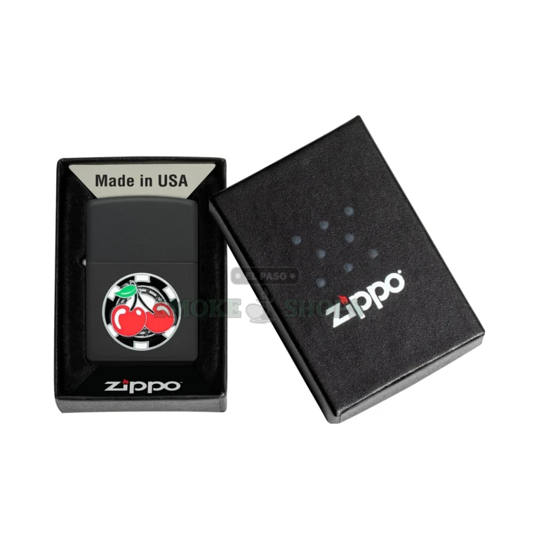 Zippo Poker Chip with Cherries black matte windproof lighter, model 48905, closed front view showing the metallic cherries and poker chip emblem