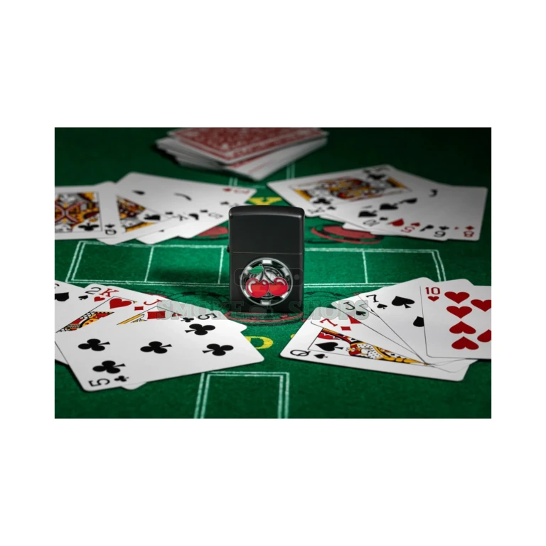 Zippo Poker Chip with Cherries black matte windproof lighter, model 48905, closed front view showing the metallic cherries and poker chip emblem