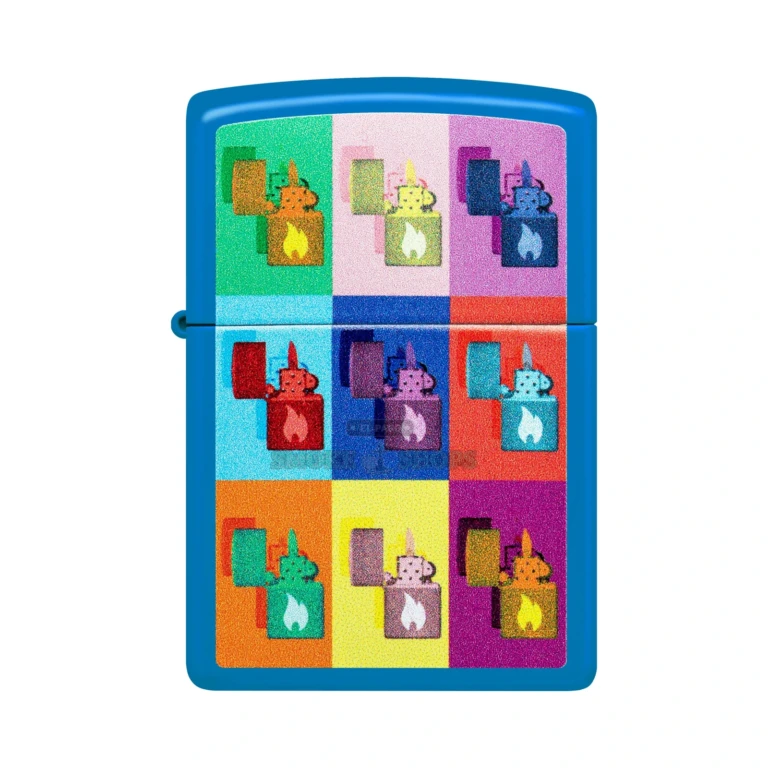 Zippo Pop Art Design windproof lighter 48722 in Sky Blue Matte with a Color Image collage of classic Zippo lighters