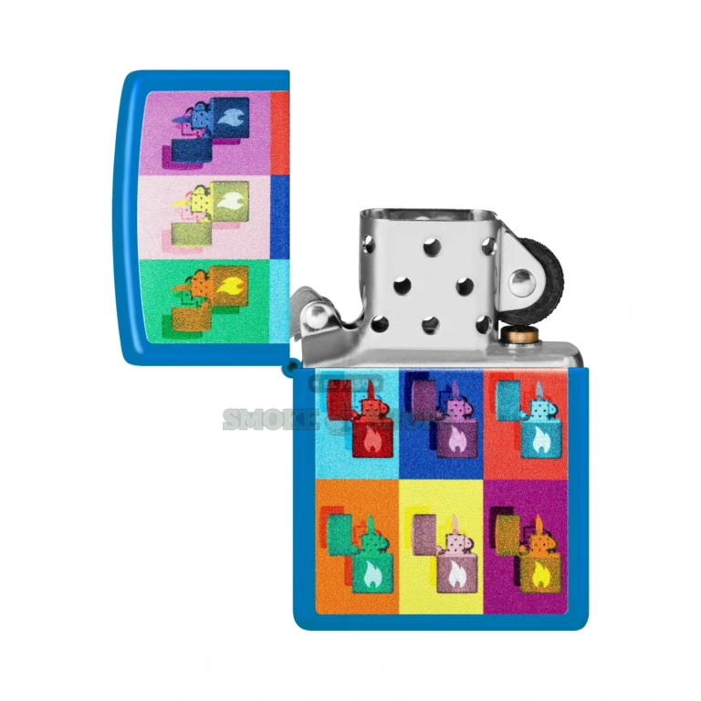 Zippo Pop Art Design windproof lighter 48722 in Sky Blue Matte with a Color Image collage of classic Zippo lighters