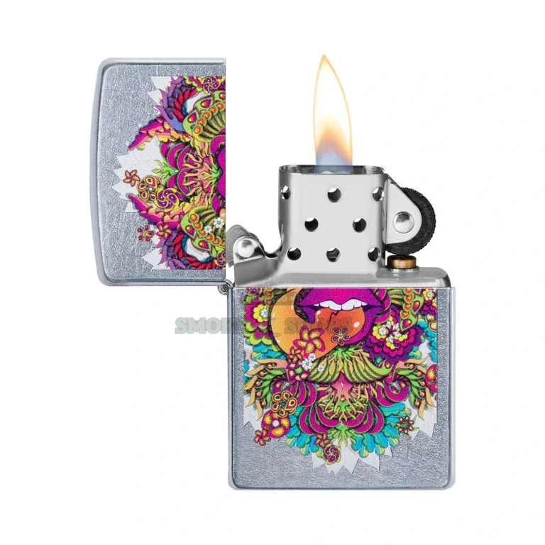 Zippo 49110 windproof lighter open with lid up showing the wick and flint wheel