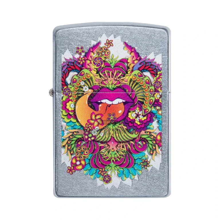 Zippo Psychedelic Lip Design lighter 49110 with purple lips and 1960s florals on a Street Chrome case