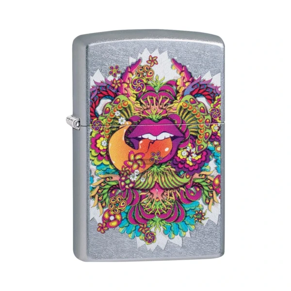 Zippo Psychedelic Lip Design lighter 49110 with purple lips and 1960s florals on a Street Chrome case