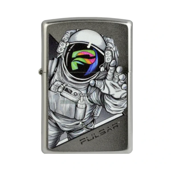 Zippo Psychedelic Spaceman lighter in brushed chrome with Pulsar astronaut artwork, closed front view