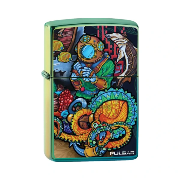 Zippo x Pulsar Psychedelic Ocean windproof lighter in Polished Teal with octopus and deep-sea diver art, front view