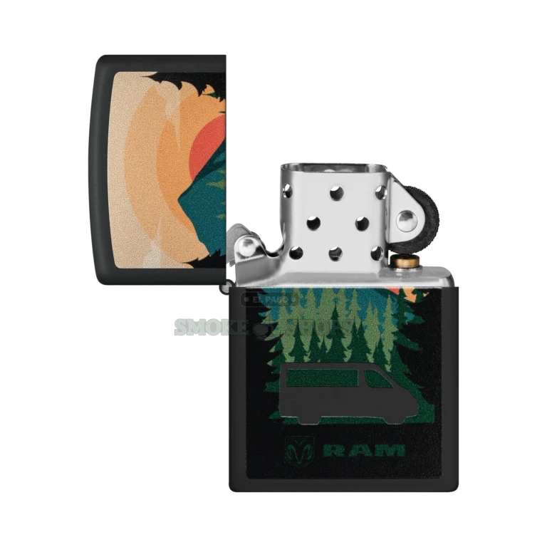 Zippo RAM Van Life windproof lighter 48764 in Black Matte, front view showing the Color Image RAM ProMaster van against a mountain landscape