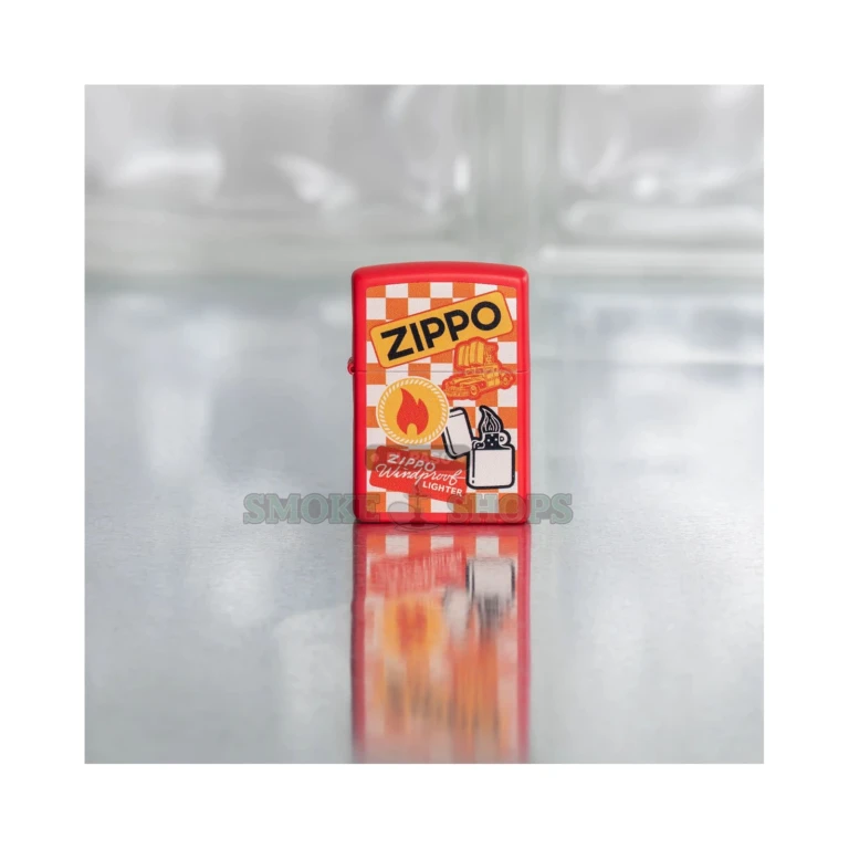 Red Matte Zippo 48998 lighter open showing the windproof chimney and flame