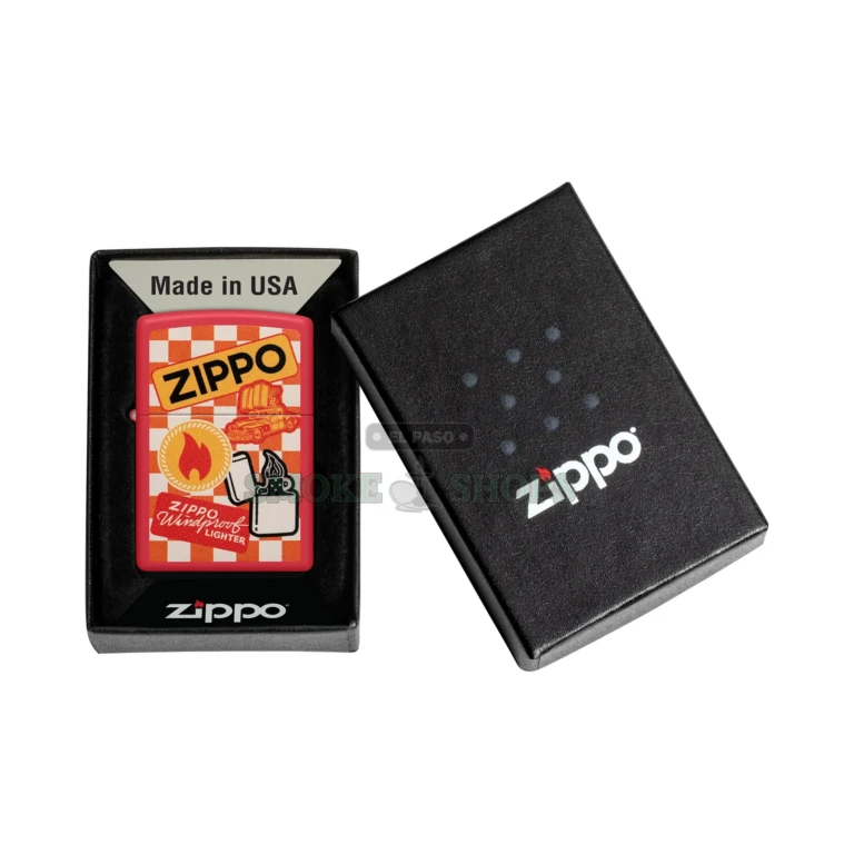 Back of the Zippo 48998 Red Matte brass case showing the hinge and Classic case shape