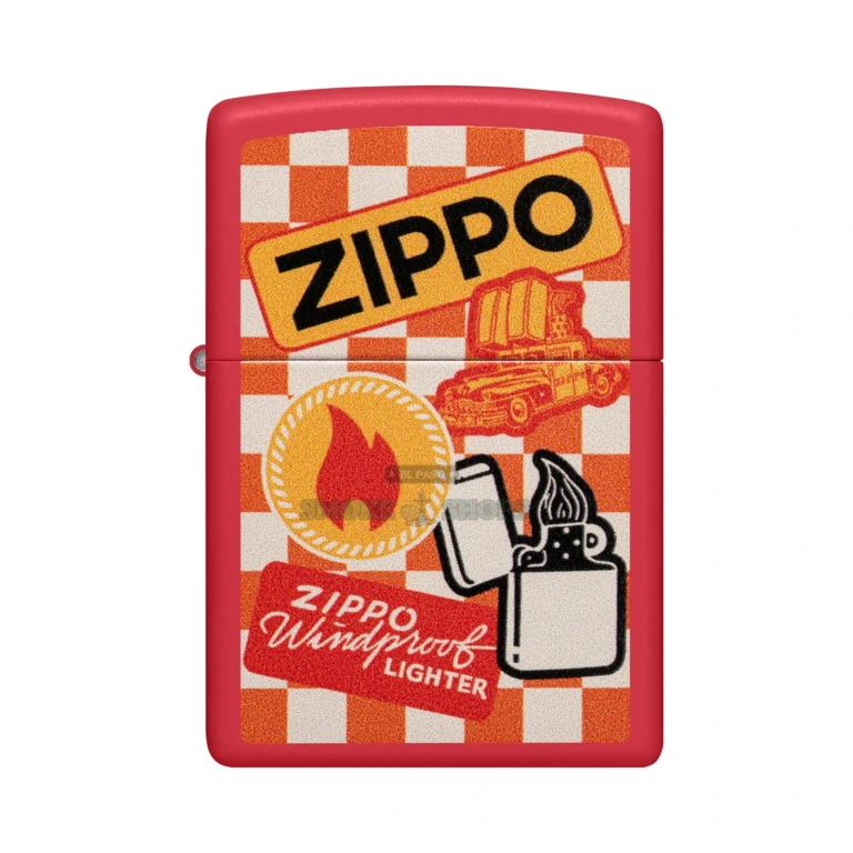 Zippo Retro Design Red Matte windproof lighter 48998 front view with checkered Color Image artwork and Zippo icons