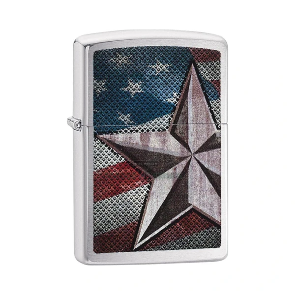 Zippo Retro Star windproof lighter in brushed chrome with textured American flag and retro star design, front view