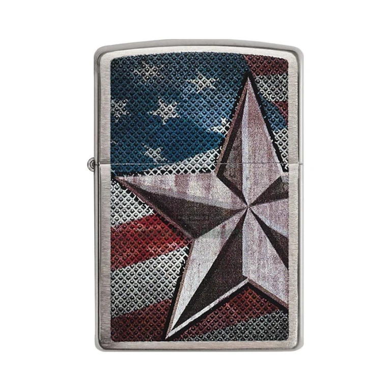 Zippo Retro Star windproof lighter in brushed chrome with textured American flag and retro star design, front view
