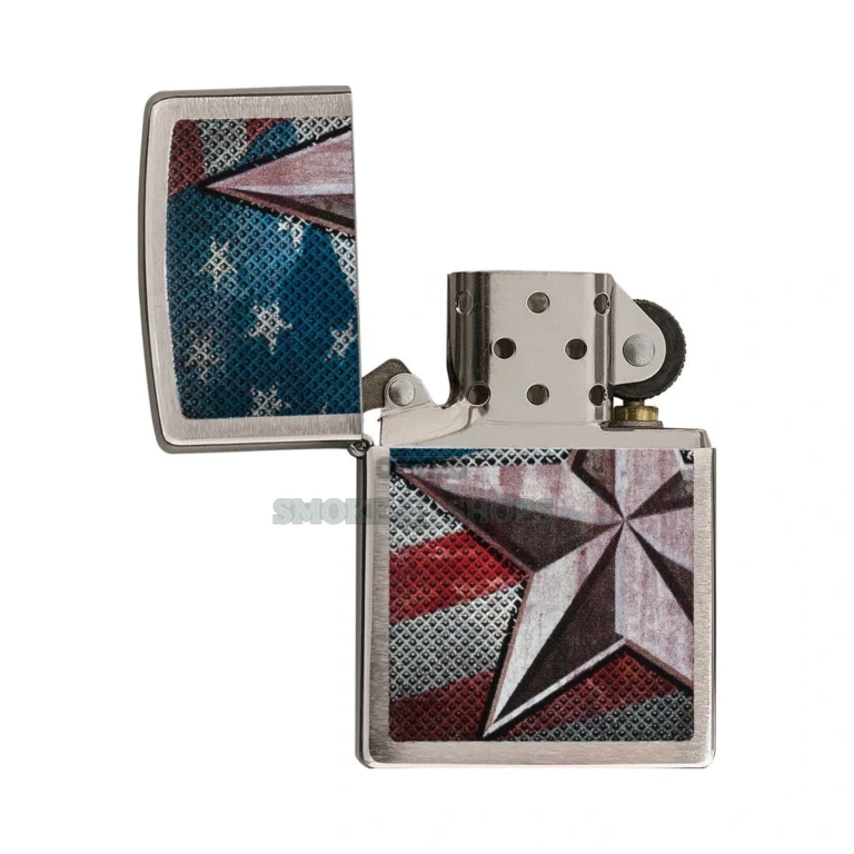 Zippo Retro Star windproof lighter in brushed chrome with textured American flag and retro star design, front view