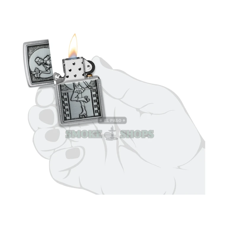 Close-up of the die-struck metal Roller Waitress emblem applied to the brushed chrome Zippo case