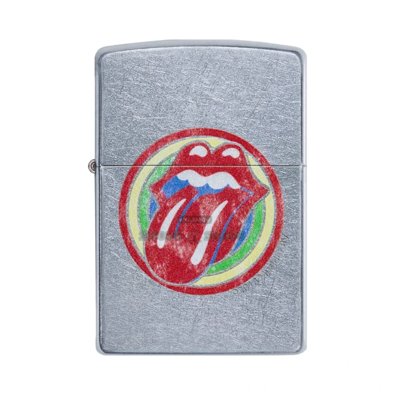 Zippo Rolling Stones 29873 open with the lid raised showing the windproof chimney and flame