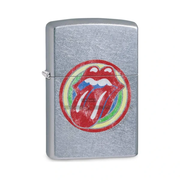 Zippo Rolling Stones lighter 29873 in Street Chrome with the full-color tongue-and-lips logo, closed