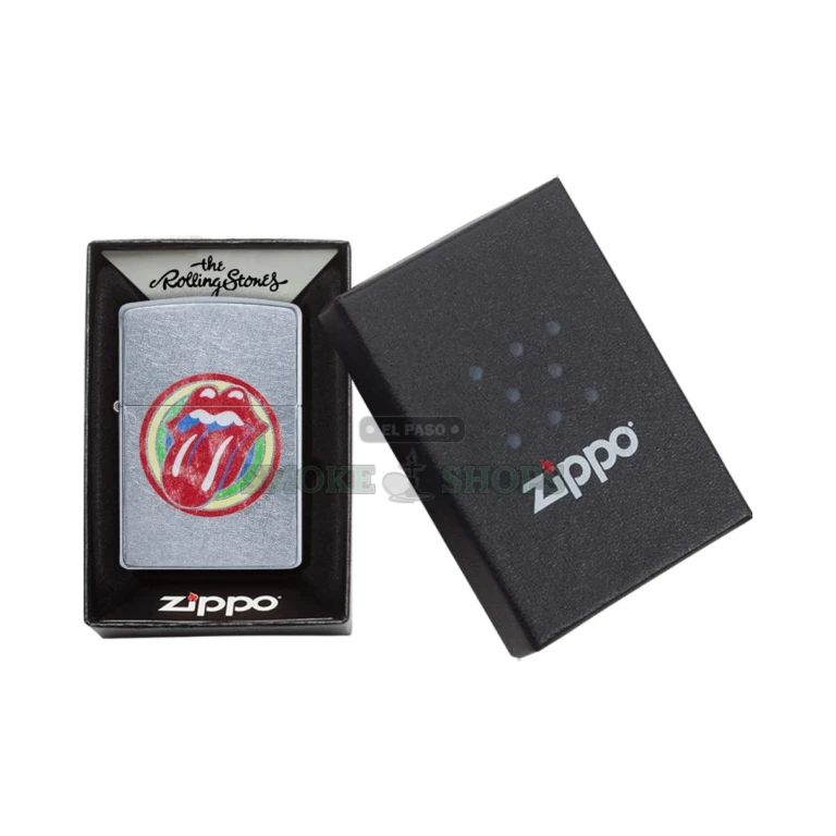 Zippo Rolling Stones lighter 29873 in Street Chrome with the full-color tongue-and-lips logo, closed