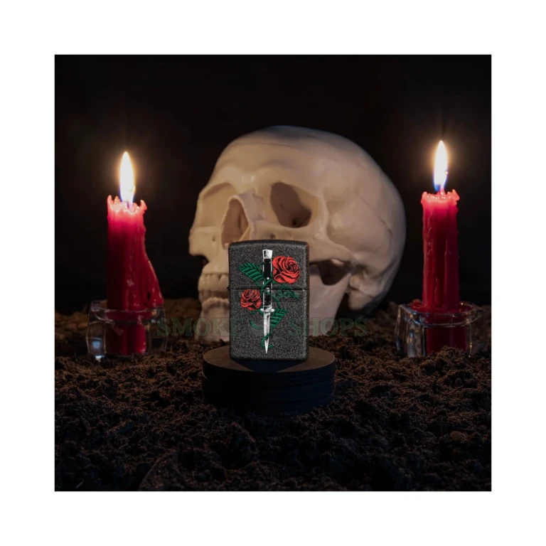 Open Zippo Rose Dagger lighter showing the windproof chimney where the flame stays lit