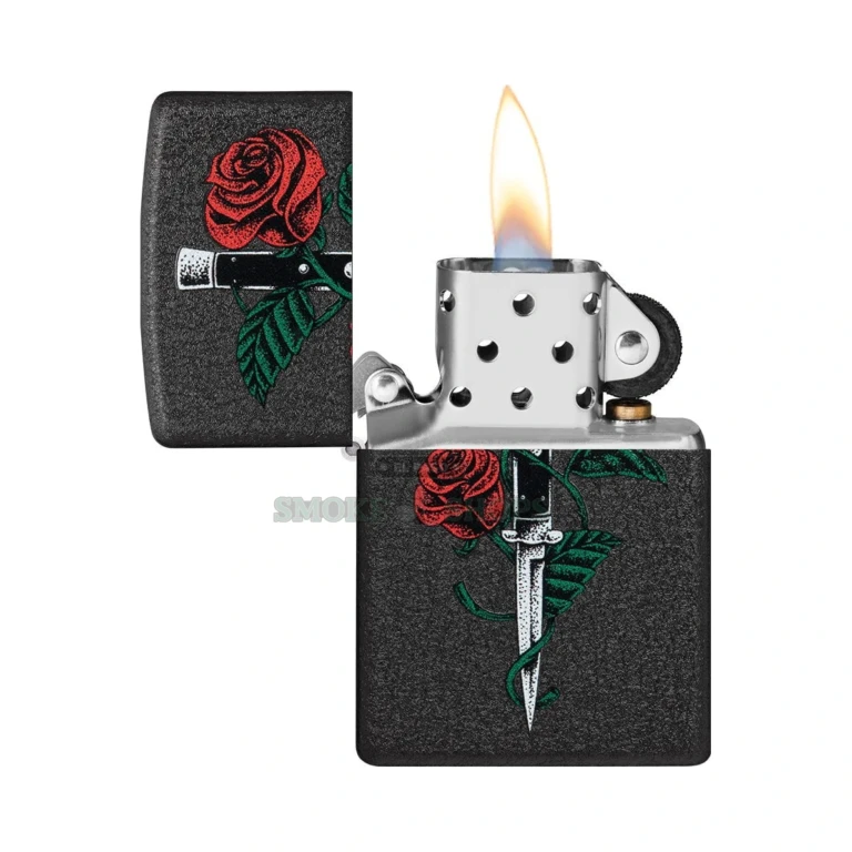 Close-up of the rose and dagger Color Image tattoo artwork on the textured Black Crackle case