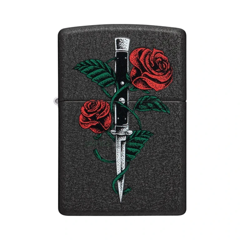 Zippo Rose Dagger Tattoo Design windproof lighter in Black Crackle finish, model 49778, closed front view