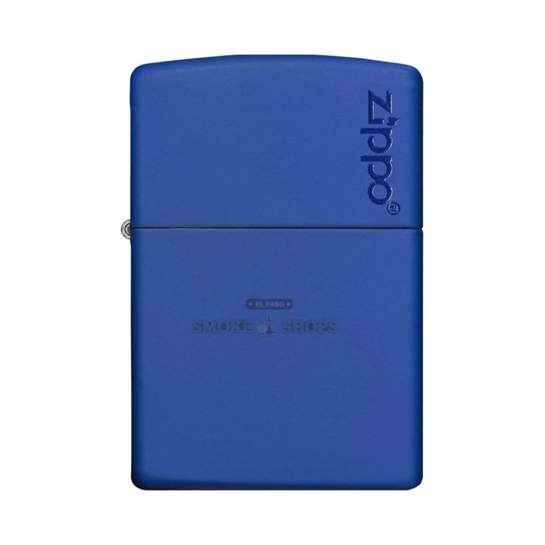 Royal blue matte Zippo 229ZL open with lit flame showing the windproof chimney