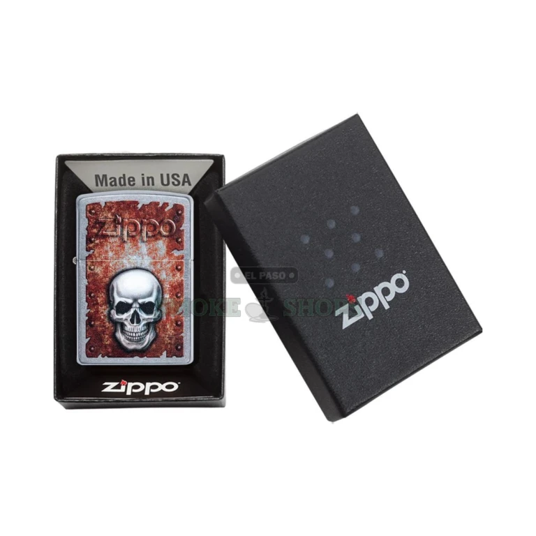 Bottom stamp of the Zippo Rusted Skull lighter showing Bradford, PA, USA and the model code