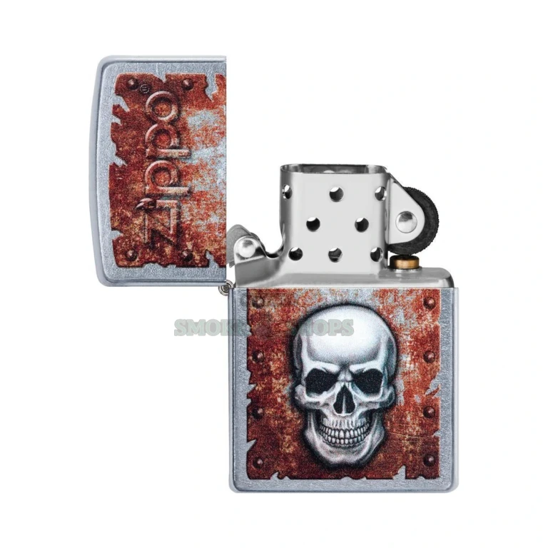 Zippo Rusted Skull Design lighter 29870 in Street Chrome with a fiery red oxidized skull on the front face