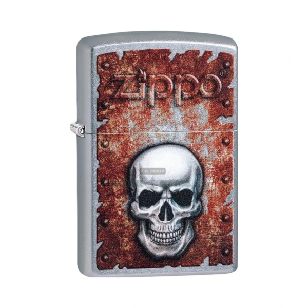 Zippo Rusted Skull Design lighter 29870 in Street Chrome with a fiery red oxidized skull on the front face