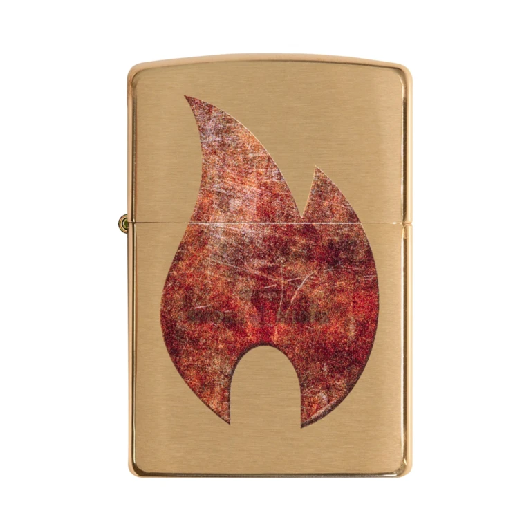 Close-up of the Color Image rusty flame and Zippo script on the Brushed Brass 29878 case