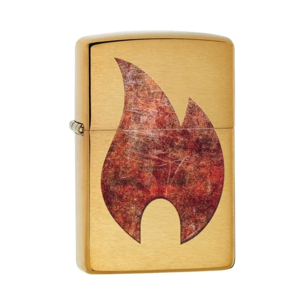 Zippo Rusty Flame windproof lighter in Brushed Brass, model 29878, closed front view showing the rusted-patina flame design