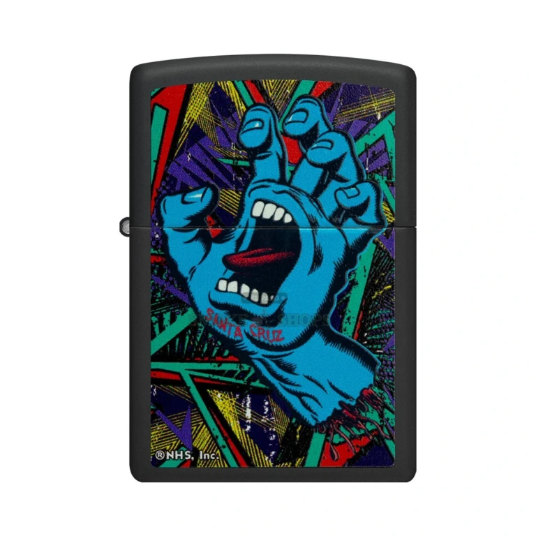 Back of the Santa Cruz Skateboards Screaming Hand Zippo showing the geometric background