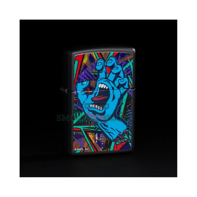 Zippo Santa Cruz Screaming Hand black light lighter in black matte, model 48415, closed front view