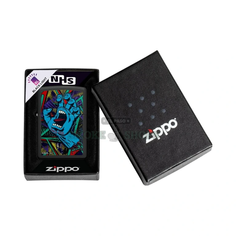 Zippo Santa Cruz Screaming Hand black light lighter in black matte, model 48415, closed front view
