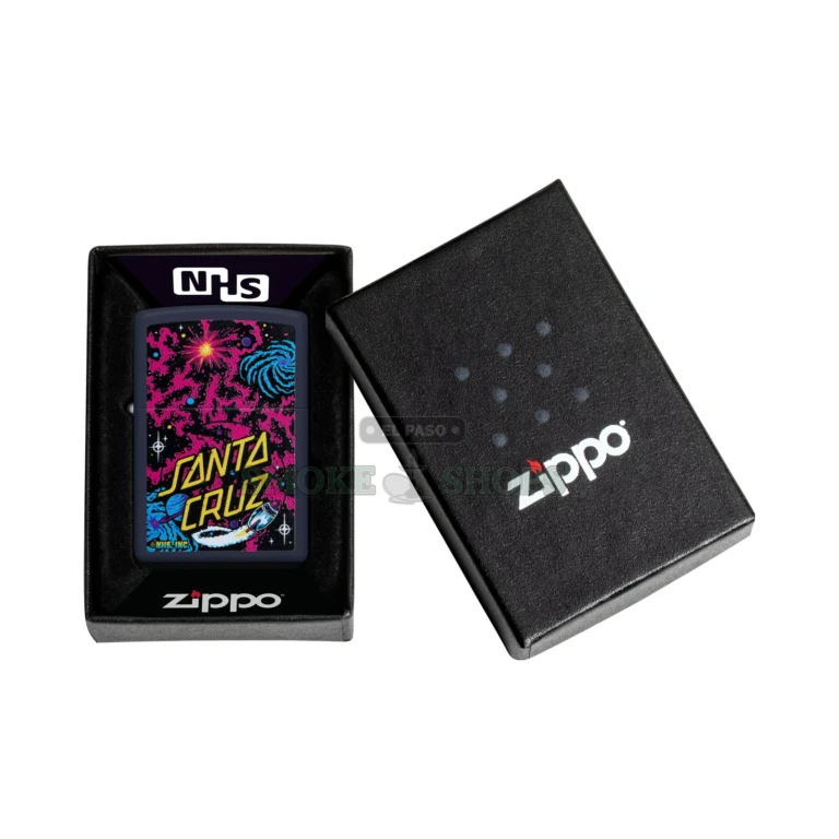Navy matte Zippo case showing the Santa Cruz Space Dot Color Image logo close-up