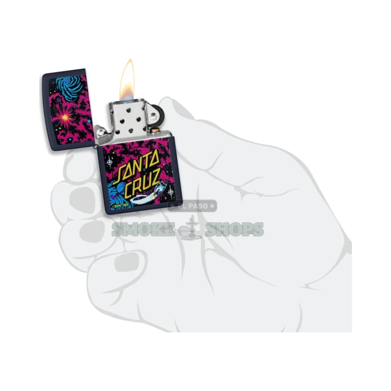 Genuine Zippo 48414 lighter open with the lid flipped up and windproof chimney visible