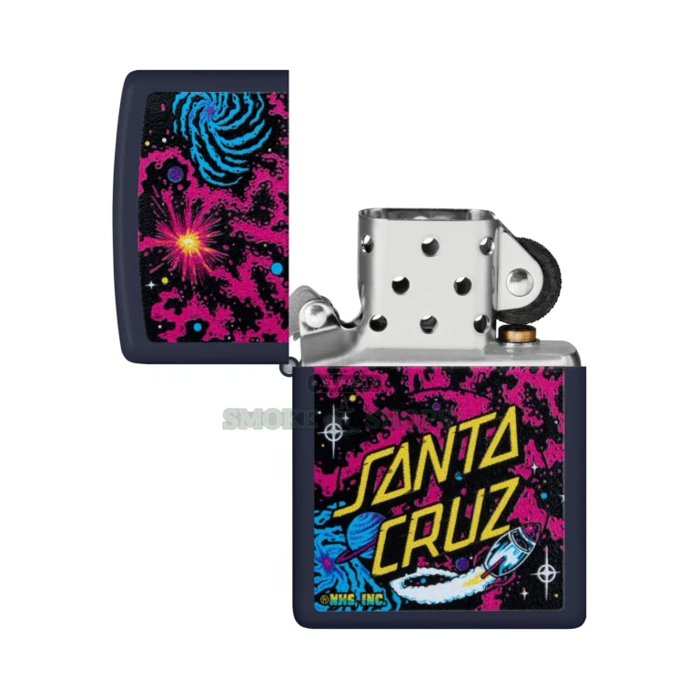 Side profile of the Zippo Santa Cruz Space Dot navy matte lighter showing the matte finish