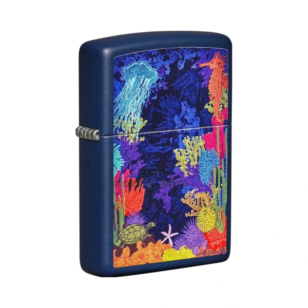 Zippo Sea Life navy matte lighter model 49409 closed, showing the Color Image undersea scene of sea turtles, jellyfish, anemones and coral