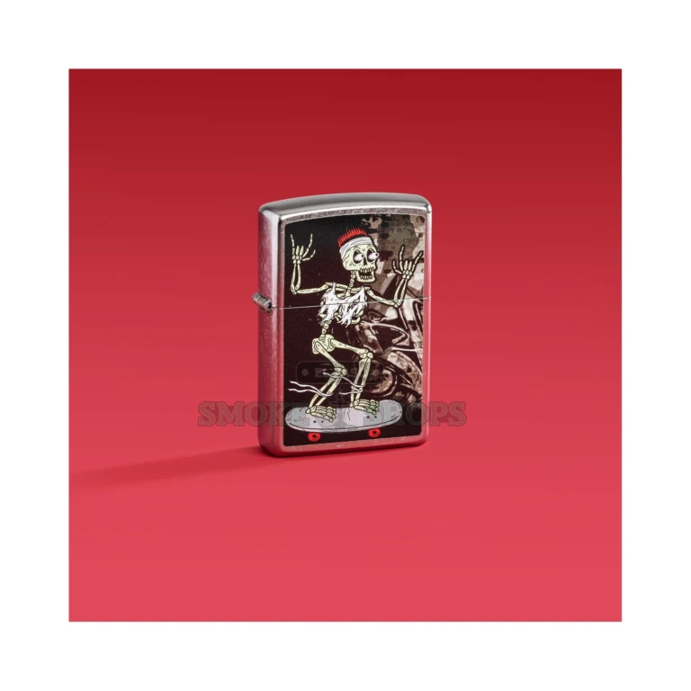 Front of the Zippo 48911 showing the skeleton-skater Color Image design on a Street Chrome case