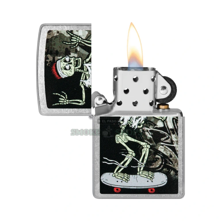 Open Zippo Skateboard lighter showing the windproof chimney and flint wheel