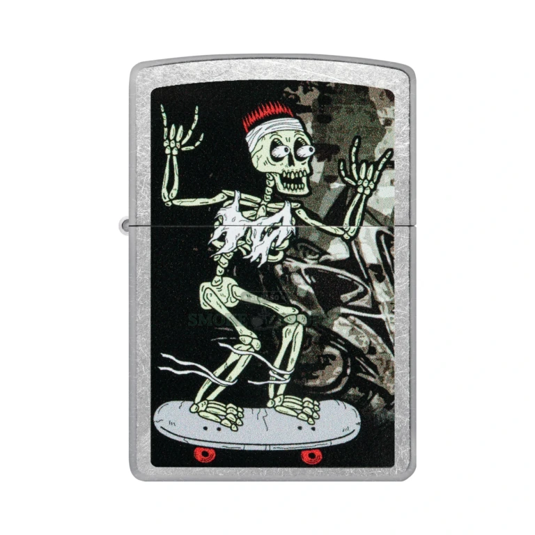 Zippo Skateboard Street Chrome windproof lighter model 48911 with a skeleton skating across the case