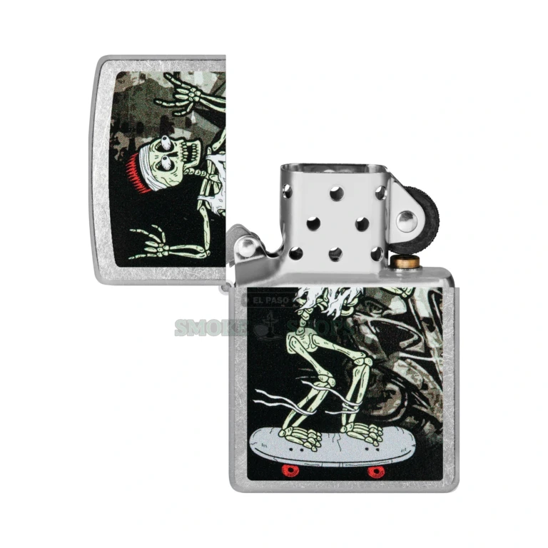Zippo Skateboard Street Chrome windproof lighter model 48911 with a skeleton skating across the case