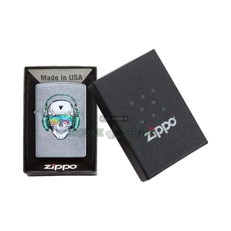 Side profile of the Zippo Skull Headphone Street Chrome lighter showing the hinged lid
