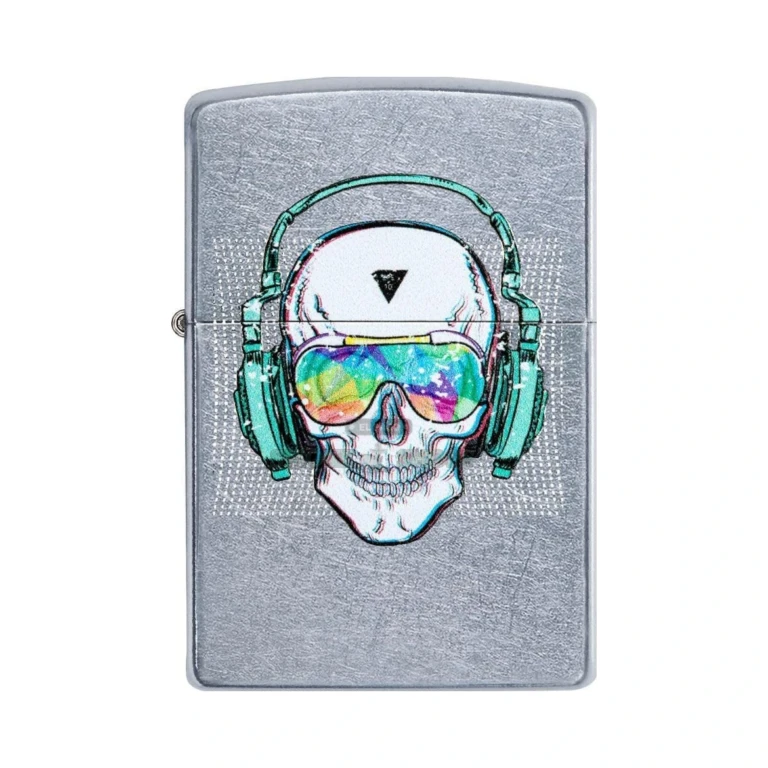Zippo Skull Headphone windproof lighter 29855 in Street Chrome, closed case showing the color-image skull with headphones and sunglasses