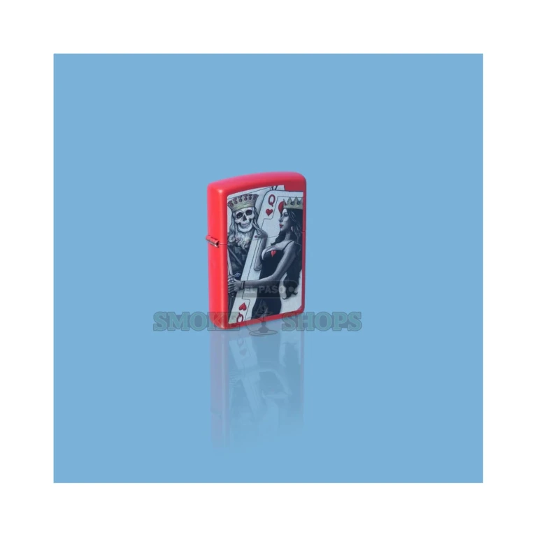Color Image of the skull King of Spades and Queen of Hearts on a Red Matte Zippo lighter