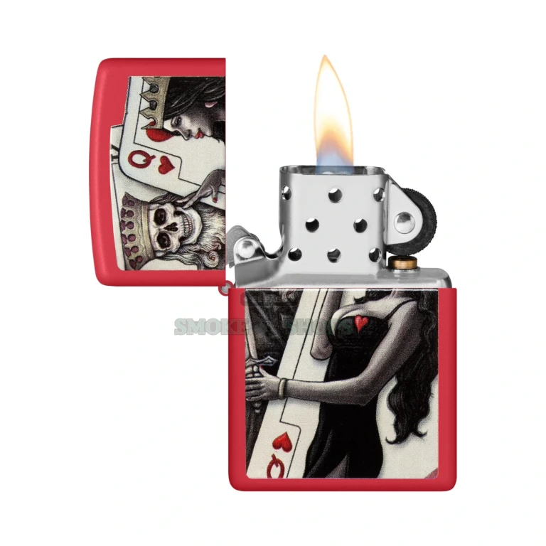 Red Matte Zippo 48624 opened to show the windproof chimney and flame