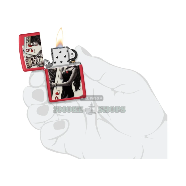 Side profile of the Classic-case Zippo Skull King Queen Beauty lighter in Red Matte