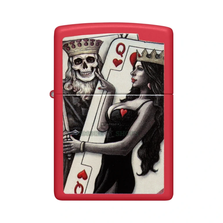 Zippo Skull King Queen Beauty windproof lighter in Red Matte, model 48624, lid closed