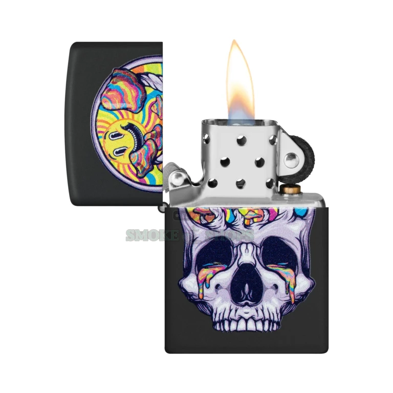 Open Zippo Skull Moon windproof lighter 48737 with lit flame and Black Matte case