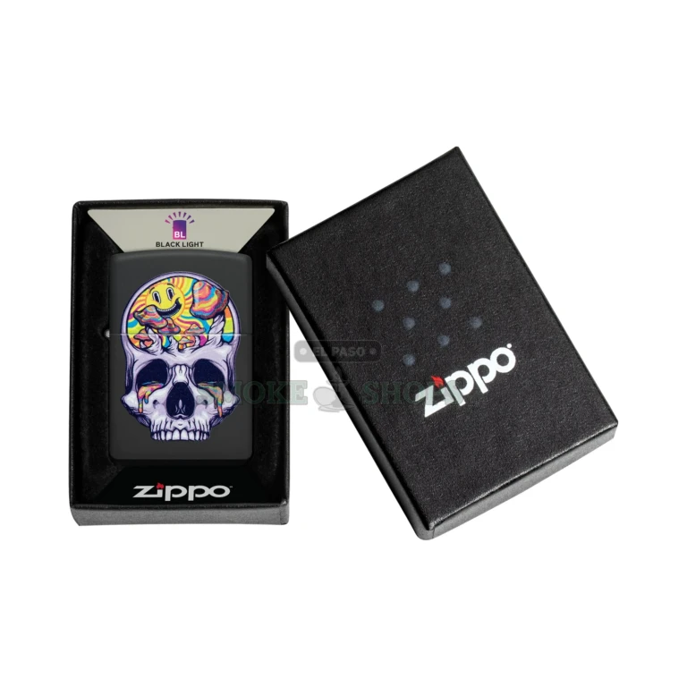 Back and side view of the Zippo Skull Moon Black Matte windproof lighter model 48737