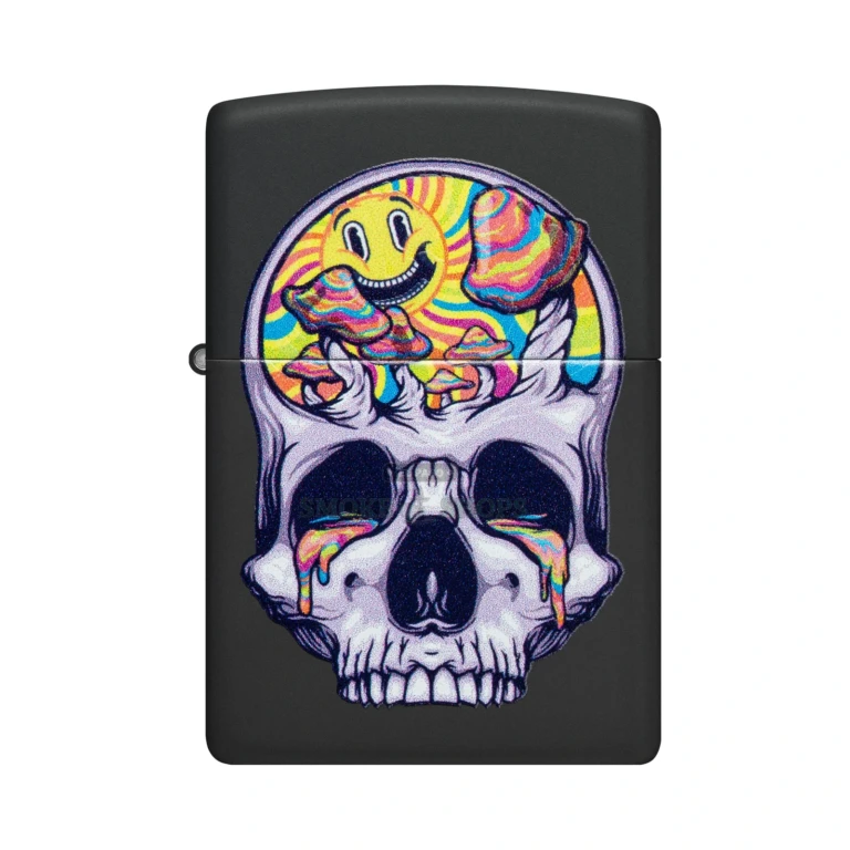 Zippo Skull Moon Black Light lighter 48737 in Black Matte, showing the grinning sun and multicolor mushroom skull Color Image art